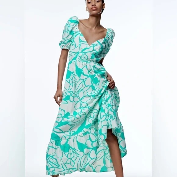 Poplin printed midi dress - Picture 2 of 7